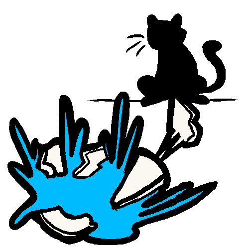 A glass of water hitting the floor and breaking into pieces, while theres a cat in the backround.